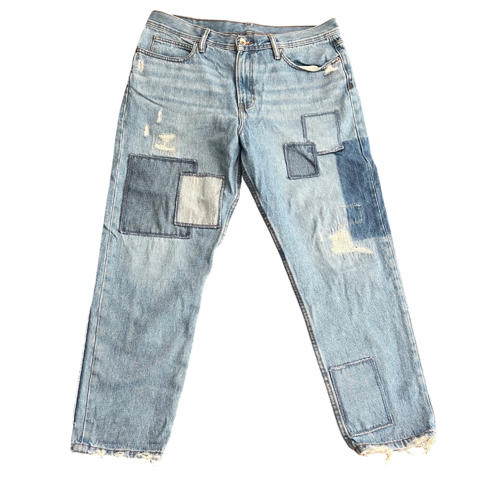 Urban Outfitters Mens 36x28 Dad Slim Taper Patchwork Distressed Jeans Light Wash